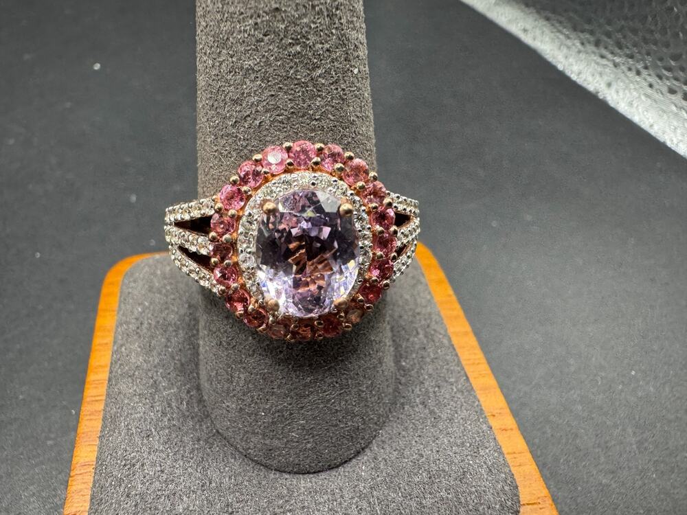 STS 925 Sterling Silver Gold Vermeil Kunzite Pink Tourmaline Halo Ring Sz 10 New